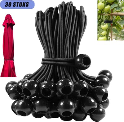 30 stuks Tentvastzettingstouw met bal - Sferisch Elastisch Touw -Tentkoord met vastzetbal - Partytent Elastiek Met Balletje - Zwart tentvastzettingstouw met bal - 15 cm - Voor Het Effectief Vastzetten Van Tenten Zeilen Luifels Slaapzakken enc