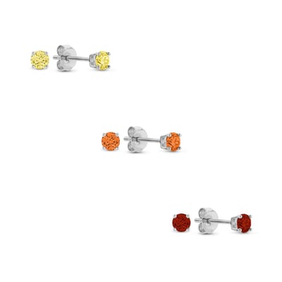 New Bling 9SIL-SET0026 Zilveren Zirkonia Oorknoppen Set 3mm Rood Oranje Geel Earparty - Rhodium - Zilver