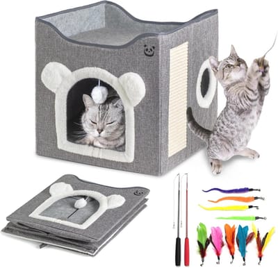 Inklapbaar Kattenbed met Speelgoed en Krabpaal - Perfect voor Thuis en Op Reis