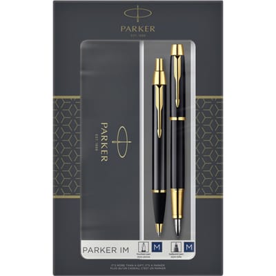 Parker IM Duo geschenkset met balpen en vulpen | glanzend zwart met gouden rand | blauwe inktvulling en -cartridge | cadeauverpakking