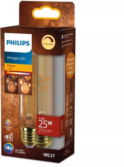 Philips Vintage LED - Dimbare lamp - 25W - Extra warmwit licht: 1800K - E27 fitting - Amberkleurig glas - Lampvorm: T32