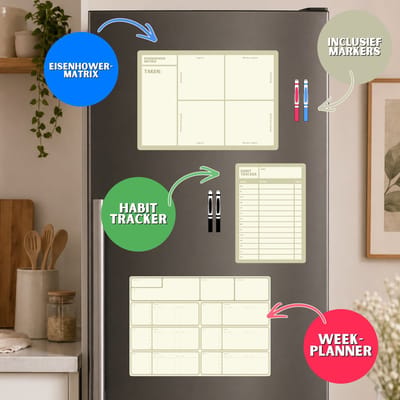 AlleDagenHeelDruk Plakplanner set - Sticky Whiteboard Planner - Herbruikbare Weekplanner Set - Eisenhower Matrix, Habit Tracker & Whiteboard Planners - Inclusief 4 Markers - Voor Koelkast, Muur & Bureau