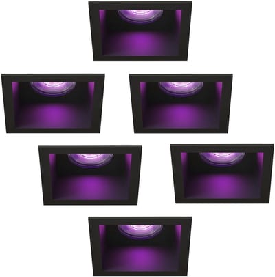 Ledvion – 6x Smart LED Inbouwspot Vierkant 85x85mm – Zwart – Dimbaar – GU10 – RGB+CCT – 4.9W – IP20
