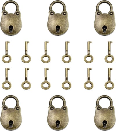 Mini Hangslot Set van 6 Stuks met Sleutels voor Koffers, Juwelen en Houten Dozen - Antiek Ontwerp in Brons met 12 Sleutels