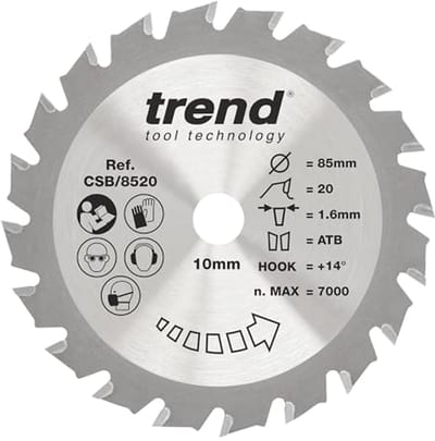 Houten Cirkelzaagblad 85mm - 10mm Boring, 20 Tanden, TCT, 1,6mm Kerf, +14° Haak