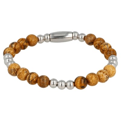 My Bendel - Damesarmband Zilverkleurig met Picture Jasper Edelsteen Elastisch - met Luxe Cadeauverpakking | Sieraden Voor Dames | Maat M