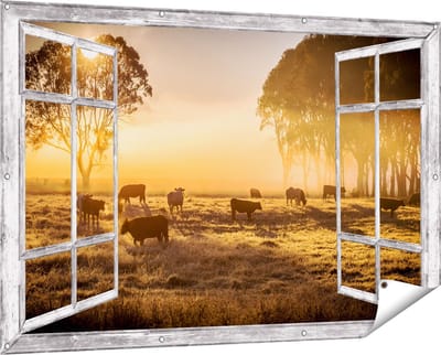 Gards Tuinposter Doorkijk Kudde Koeien in de Wei met Zonsopkomst - 150x100 cm - Tuindoek - Tuindecoratie - Wanddecoratie buiten - Tuinschilderij