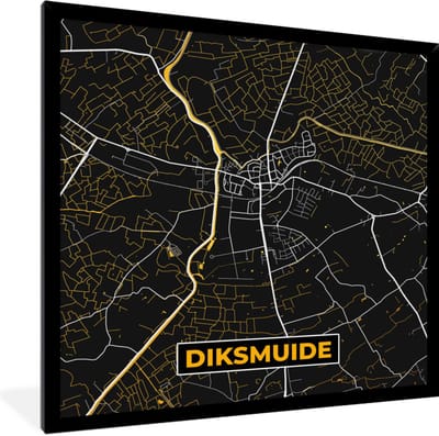 Fotolijst incl. Poster - Stadskaart - Black en gold - Diksmuide - Plattegrond - Kaart - 40x40 cm - Posterlijst