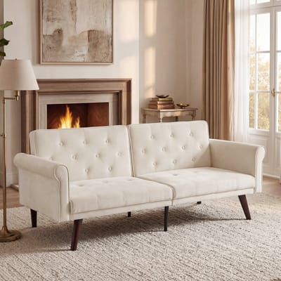REDOM 2-Zits Slaapbank - Verstelbare Rugleuningen (5 Standen) - 2-In-1 Opklapbaar Ontwerp - Voor Woonkamer - Stof - Beige - 172x89x70 cm