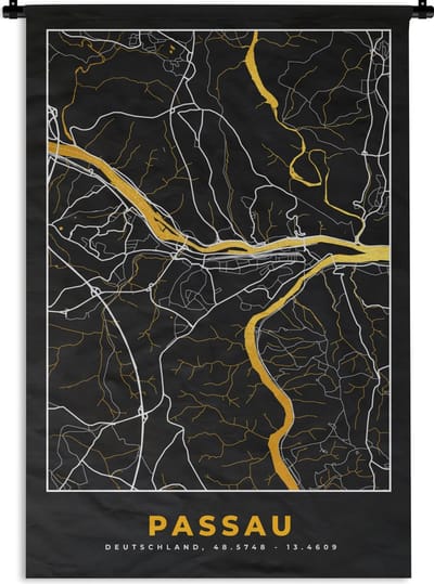 Wandkleed - Wanddoek - Stadskaart – Plattegrond – Duitsland – Goud – Passau – Kaart - 120x180 cm - Wandtapijt