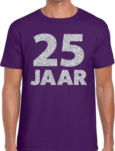 25 jaar verjaardag t-shirt - paars - voor heren - zilver glitters print - jubileum - leeftijd - korte mouwen S