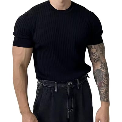 T-shirt de sport d'été pour hommes en fil tricoté élastique col rond coupe ajustée couleur unie manches courtes pull entraînement gymnase haut d'entraînement M noir