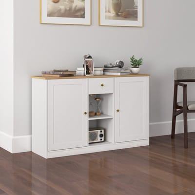 REDOM - Dressoir met lade en 2 deuren - 2 open vakken - Klassieke opbergruimte - Woonkamer en hal - Spaanplaat - Wit - 120 x 35 x 75,2 cm