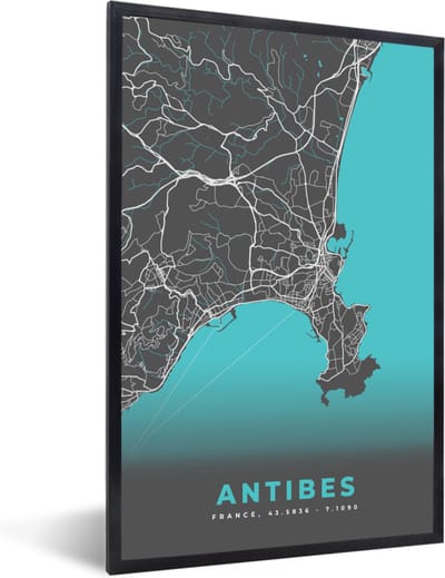 Fotolijst incl. Poster - Antibes - Frankrijk - Plattegrond - Kaart - Stadskaart - 40x60 cm - Posterlijst