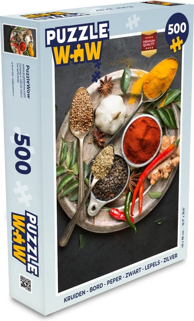 Puzzel Kruiden - Bord - Peper - Zwart - Lepels - Zilver - Legpuzzel - Puzzel 500 stukjes
