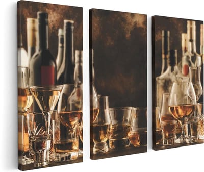 Artaza Canvas Schilderij Drieluik Glazen met Sterke Drank - Flessen - 120x80 cm - Wanddecoratie Woonkamer - Schilderijen - Muurdecoratie
