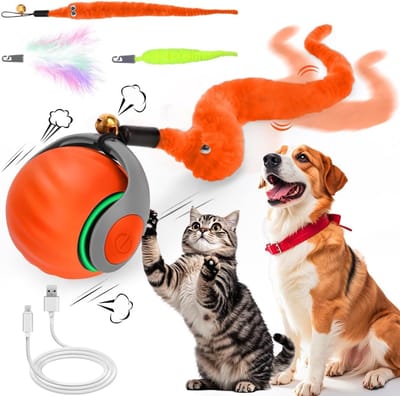 Oneay Elektrische Interactieve Kattenbal met Staart – Automatisch Kattenspeeltje voor Katten, Bewegende Bal voor Jagen en Spelen, USB-Oplaadbaar, Oranje