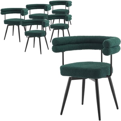 Set van 6 eetkamerstoelen 360° draaibaar in donkergroene teddy stof met armleuningen en rugleuningen Keukenstoel ML design
