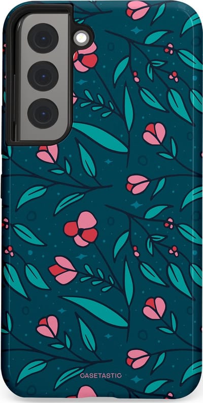 Casetastic hoesje geschikt voor Samsung Galaxy S22 - Dubbellaagse bescherming - Blauwe Groene Bloemenpracht - Fashion Case - Petrol Donkergrijs