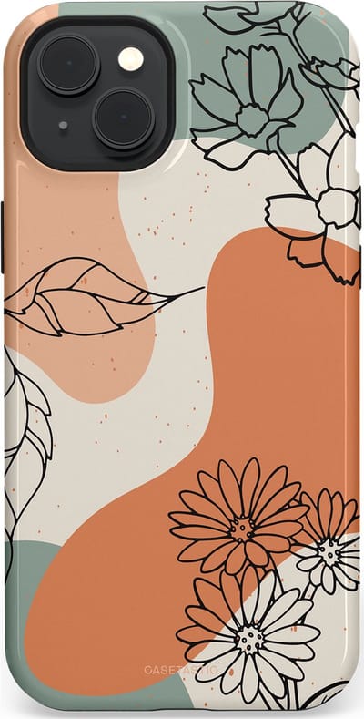 Casetastic hoesje geschikt voor Apple iPhone 15 Plus - MagSafe - Dubbellaagse bescherming - Lijnenspel Botanisch - Fashion Case - Crème Saliegroen Perzik