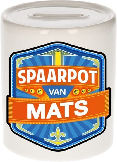 Bellatio Decorations Kinder spaarpot met naam - Mats - keramiek - met dop - wit - Sparen - Spaargeld van Mats