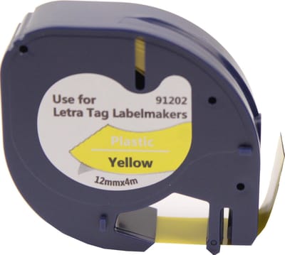 KATRIZ® huismerk label tape voor Dymo 91202 | DYMO LETRATAG LetraTag 100H/LetraTag 100T/LetraTag 2000/LetraTag QX54 | Zwart op Geel | 12mm*4m |   1 stuk