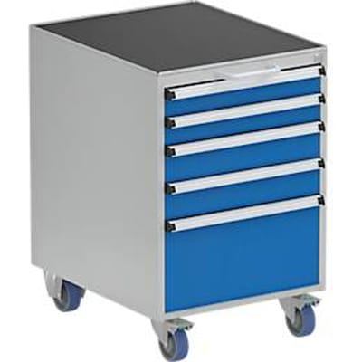 Treston 53/66-1 ladeblok, 5 afsluitbare laden, verrijdbaar, tot 300 kg, B 530 x D 640 x H 795 mm, staal, lichtgrijs RAL 7035/briljantblauw RAL 5007