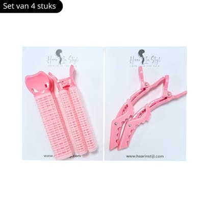 Haar in Stijl® | Roze set van 4 | 2 krokodillen haarklemmen en 2 volumizing haarroller clips | haarclips en volume voor pony haar