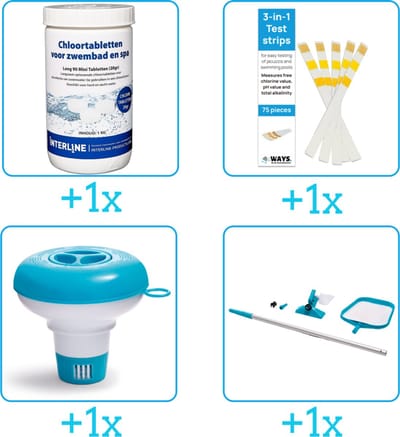 Zwembad Onderhoudspakket - Onderhoud Zwembad - bevat Chloor - Testrips - Chloordrijver en Schoonmaakset (4-delig)