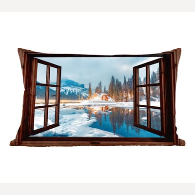 Sierkussens - Kussentjes Woonkamer - 60x40 cm - Doorkijk - Winter - Landschap - Natuur - Huis - Bergen