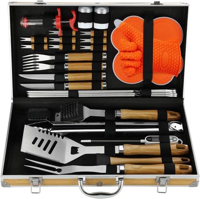Famanu 30Pcs Hoge Kwaliteit Roestvrij Staal Barbecuegerei-Sets - Professionele Duurzame Grillset - Complete Grill Set - Outdoor Camping Grillbestek-Set voor Mannen Vrouwen Cadeau