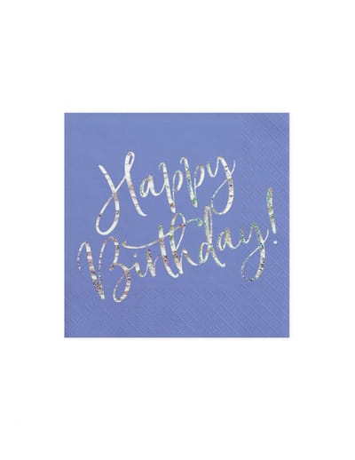 PARTYDECO - 20 blauwe Happy Birthday iriserende papieren servetten 33 x 33 cm lavendelblauw