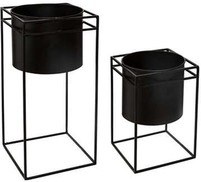 Atmosphera Plantenpotten - 2x - op metalen standaard - zwart - D16 x H25/D18 en H40 cm