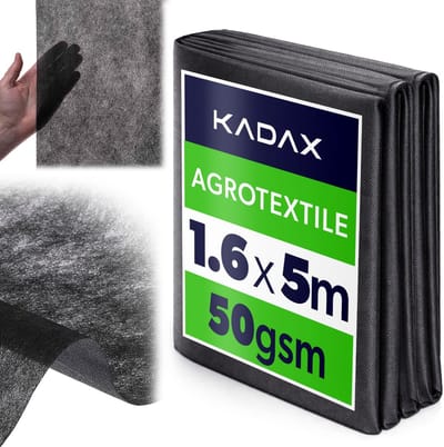 KADAX Unkrautvlies 1.6 x 5 m, 50 g/m², Schwarz Gartenvlies aus Polypropylen, Wasserdurchlässig Mulchvlies gegen Unkraut, Unkrautfolie für Garten, Pflanzfolie