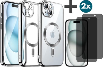 Hoesje met Privacy Screenprotectors 2 Stuks Geschikt voor iphone 15 Hoesje - Geschikt voor MagSafe - Arara siliconen Backcover - Zilver
