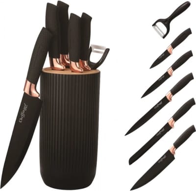 Messenset - 7 -Delig - Messenset Met Blok - Zwart/Roségoud - Messenblok - Messenhouder - Messen Set - Koksmessenset