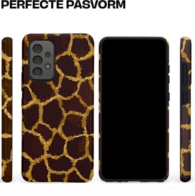 Casetastic hoesje geschikt voor Samsung Galaxy A52 (2021) 5G / Samsung Galaxy A52 (2021) 4G - Dubbellaagse bescherming - Afrikaanse Giraffenprint - Fashion Case - Zwart Bruin Goud Olijfgroen