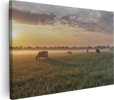 Artaza Canvas Schilderij Landschap - 30x20 cm - Klein - Wanddecoratie Koeien In De Wei - Muurdecoratie Zonsopkomst - Kamer Accessoires Natuur