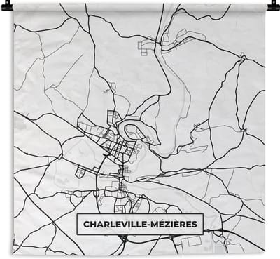 Wandkleed - Wanddoek - Stadskaart - Charleville-Mézières - Plattegrond - Kaart - Frankrijk - Zwart wit - 180x180 cm - Wandtapijt