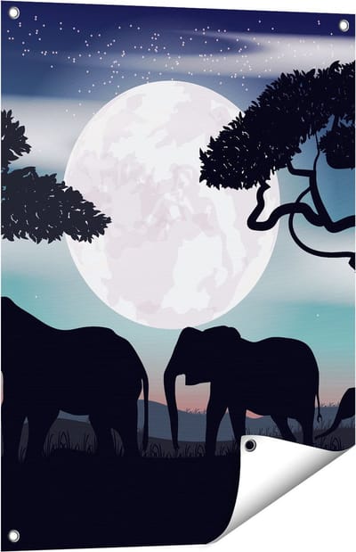 Gards Tuinposter Olifanten Silhouet tijdens Volle Maan - 60x80 cm - Tuindoek - Tuindecoratie - Wanddecoratie buiten - Tuinschilderij