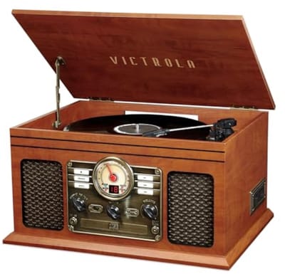 6-in-1 Vinyl Draaitafel met Bluetooth, CD, Cassette, AM/FM Radio, Mahonie
