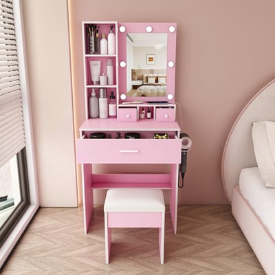PHOEBE CAT Kaptafel-set - Met beklede kruk - Inclusief LED-spiegel - Stopcontact - Lade - Roze