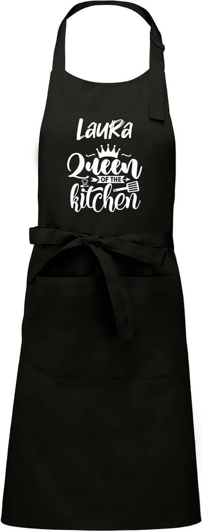 Keukenschort - Kookschort - Zwart - (naam) Queen of the Kitchen - met voornaam naar keuze - 76 x 90 cm - Verjaardags cadeau - BBQ