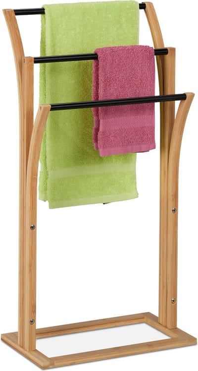 Handdoekenrek van bamboe met 3 stangen H x B x D: 82 x 42 x 24 cm - voor badkamer & wc in naturel/zwart
