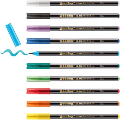 edding 1340 glitterstiften met flexibele punt - veelkleurig - zonder micro-plastics - 10 glitter brush pennen met prachtig glittereffect - penseelpunt 1-6 mm - ideaal voor handletteren, schrijven, tekenen en inkleuren van grote vlakken