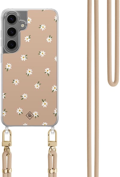 Casimoda® hoesje met koord - Geschikt voor Samsung S24 Plus - Sweet Daisies - Afneembaar koord - TPU/polycarbonaat - Bruin/beige