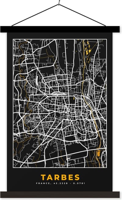 Posterhanger incl. Poster 40x60 cm - Schoolplaat - Plattegrond – Kaart – Stadskaart – Frankrijk – Tarbes - Textielposter - Zwarte latten - Stadskaart