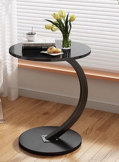 Ronde C-vormige Bijzettafel met Houten Tafelblad voor Woonkamer of Kantoor (Ø40cm)