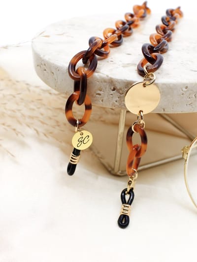Brillenkoord - Acetaat bruin met gouden bedel brilkoord - Sunny Cords