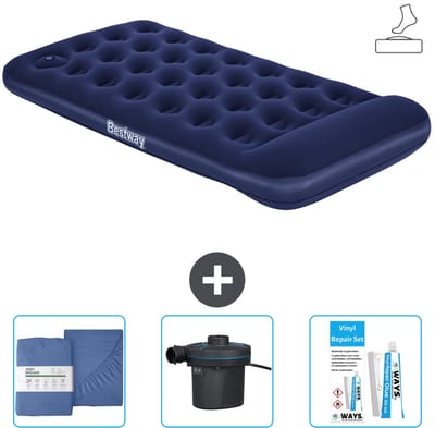 Bestway luchtbed - 1-Persoons - 99 x 188 x 28 cm - Blauw - Inclusief pomp - Hoeslaken - Pomp en Reparatieset